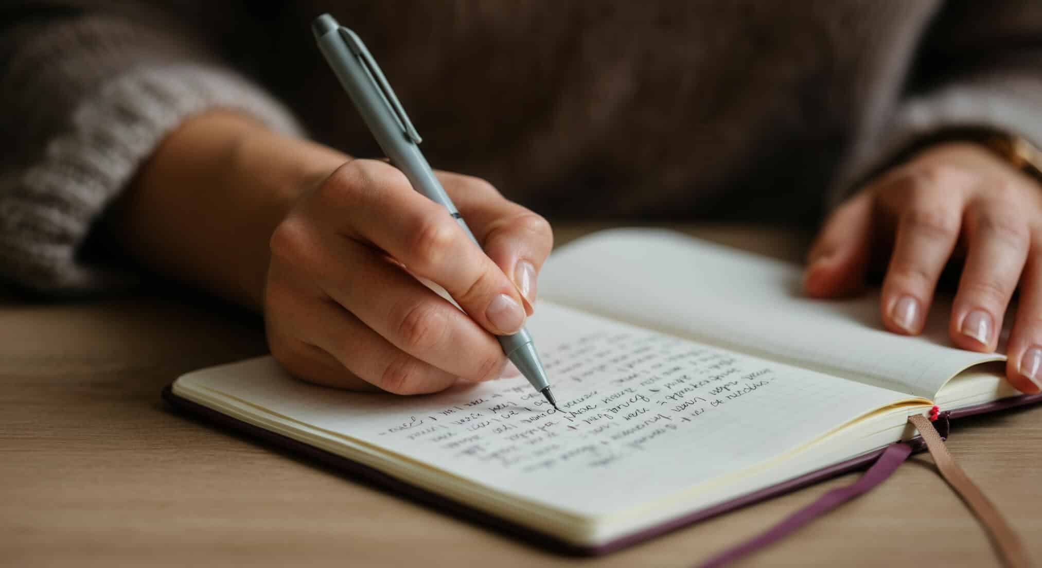 Close Up Of Person Writing In Notebook With Pen